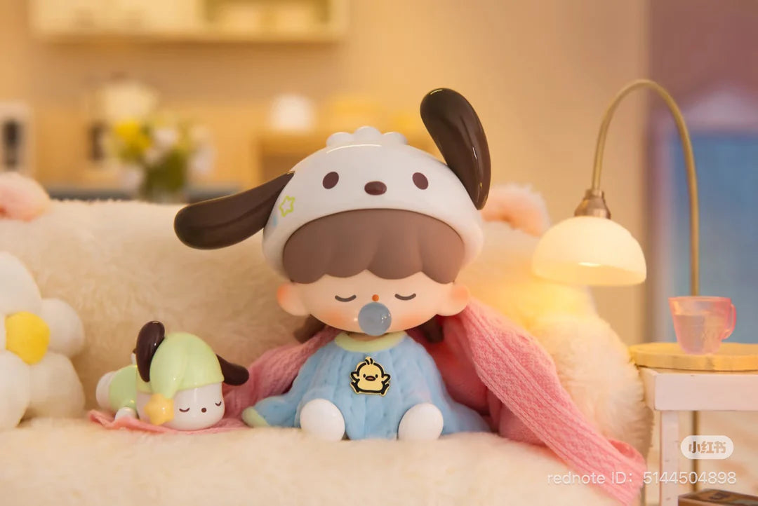 Pochacco-themed zZoton figure sleeping peacefully under a blanket before bedtime