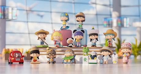 Full collection display of zZoton Travel Together Series Blind Box figures featuring travel-themed adventures and destinations