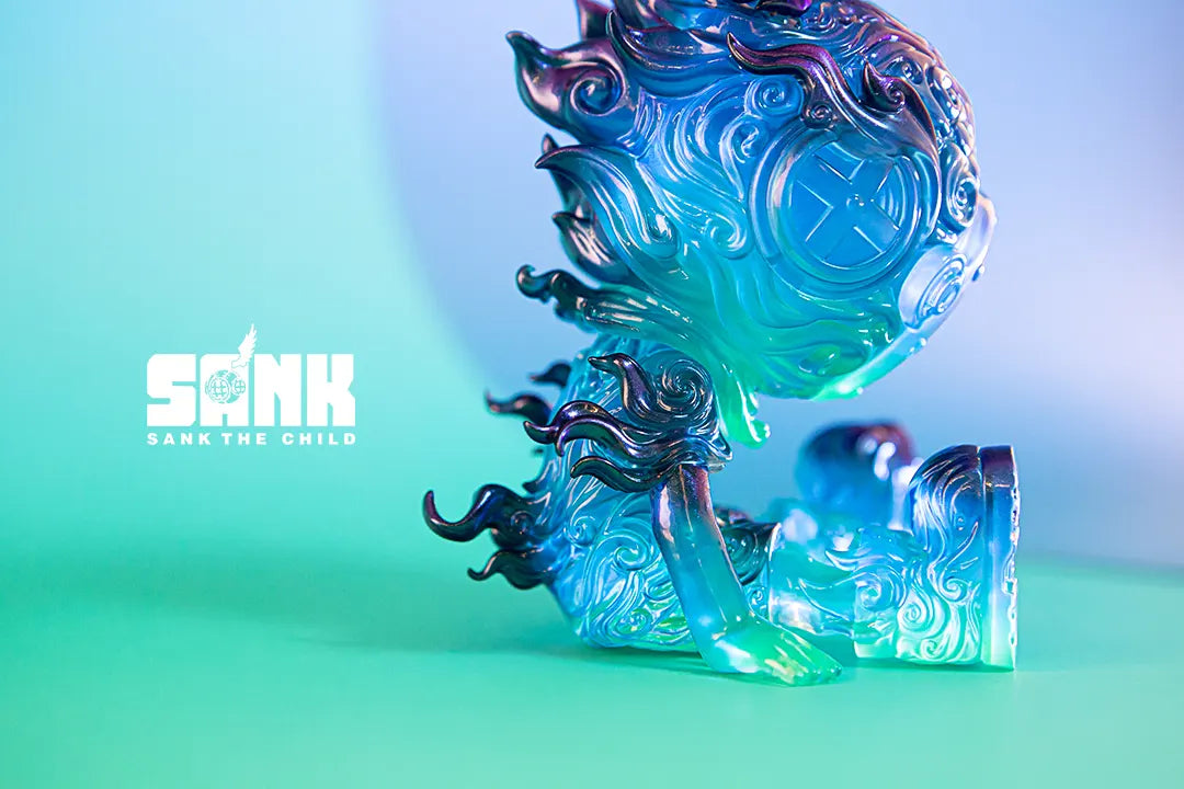 Three-quarter view from above of Streamfire art toy